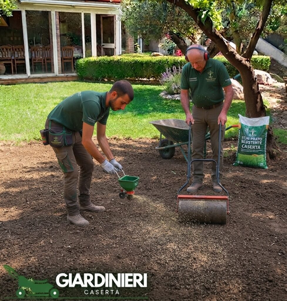 Semina e rullatura del prato – Giardini Fioriti, Caserta