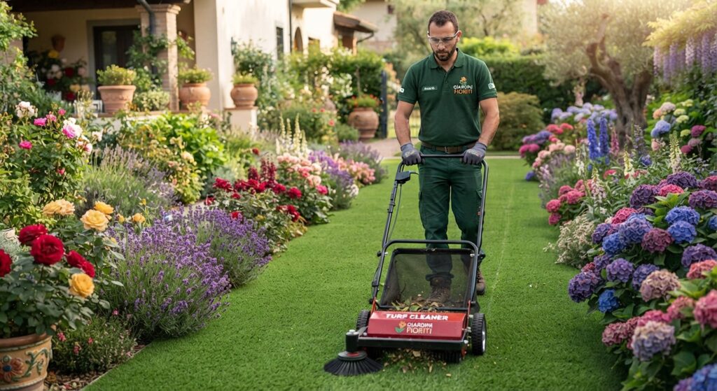 Giardiniere al lavoro nella pulizia di un prato sintetico a Caserta