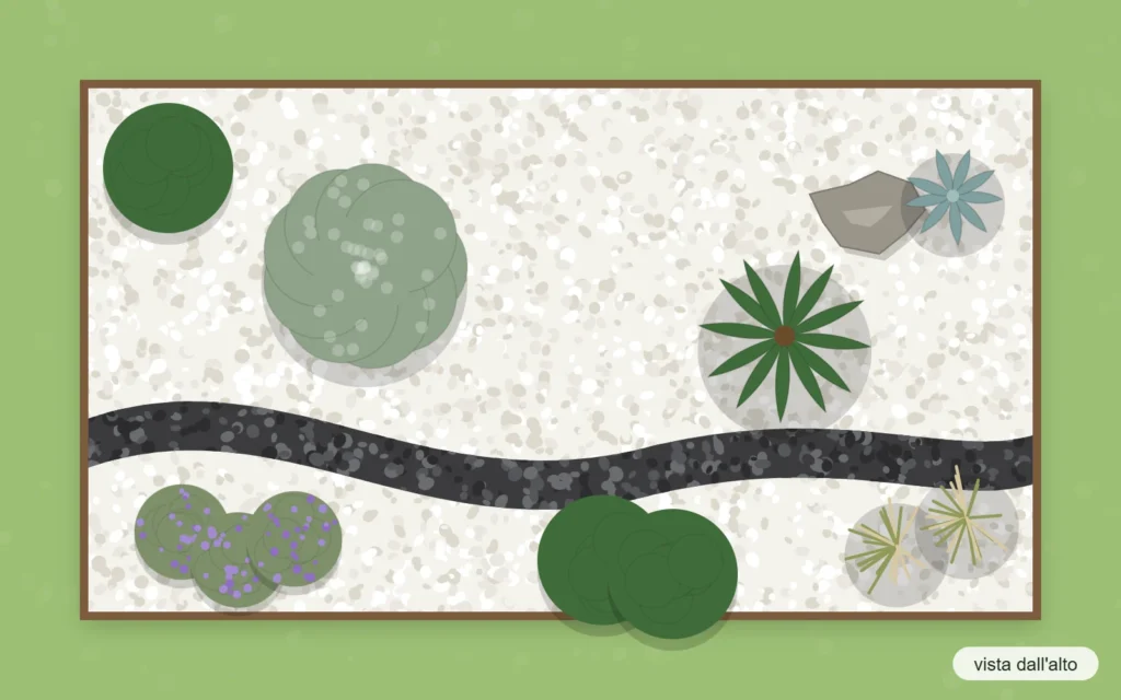 Schema d'impianto vista dall'alto: ciottoli bianchi con ulivo, cycas, lavanda, pennisetum